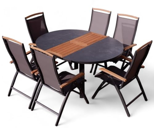 ALEOS. Gartengarnitur Gartenset Aluminium Teak Set mit rundem Ausziehtisch 120cm auf 160cm ausziehbar + 6 Hochlehner anthrazit Trinidad