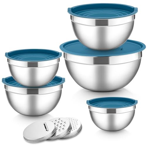Herogo Rührschüssel 5er Set Blau, Edelstahl Schüssel mit luftdichten Deckeln, Metall Salatschüssel mit 3 Reibenaufsätzen zum Zubereiten/Backen/Servieren/Aufbewahren/Mixen, Spülmaschinenfest