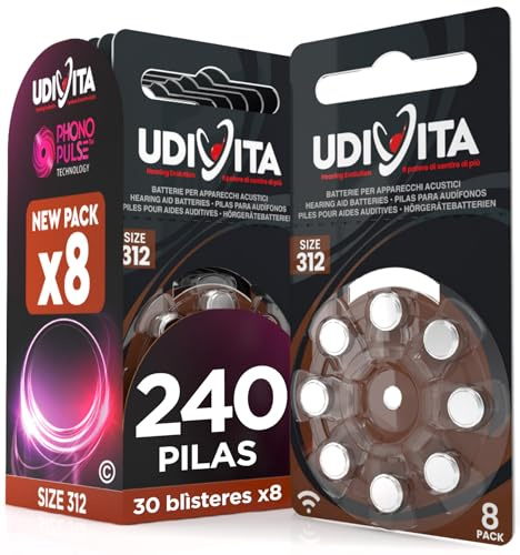 240 Pilas para Audífonos Tamaño 312 Udivita PR41 (Marrón) Zinc-Aire Hearing Evolution Tecnología Phono Pulse - 30 Blísteres de 8 Pilas