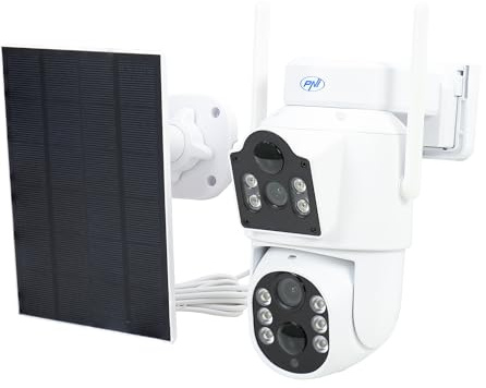 PNI Telecamera di videosorveglianza IP792, doppio obiettivo 2MP + 2MP, pannello solare 3W, batteria integrata da 6000 mAh, rilevamento del movimento, slot per schede micro SD, visione notturna, audio