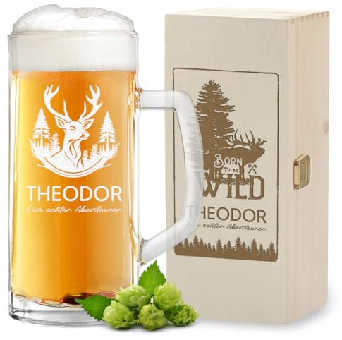 polar-effekt Bierkrug 0,5 L & Holzkiste 2-tlg Set mit personalisierter Gravur - Männergeschenk zum Vatertag - Bierglas für Pils, Craft-Beer und Export - BPA-Frei