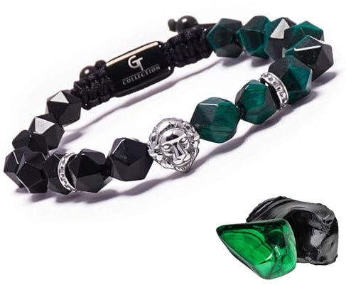 Green Tiger Eye and Onyx Lion King Bracelet Gift for Men, Tiger Eye and Black Onyx Bracelet for Men with Silver Lion Head Bead, Adjustable Beaded Bracelet