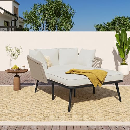 Merax Gartensofa, Outdoor Sonnenliege mit 2 Kissen und 2 Polster, Gartenlounge mit Abnehmbar und Waschbar Kissen für Balkon Terrasse, Garten, Khaki