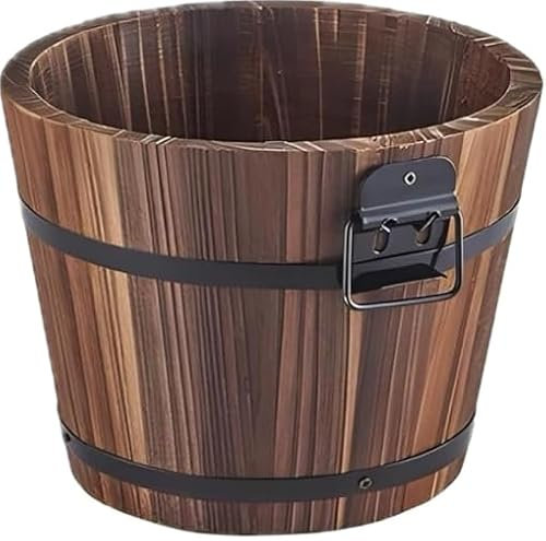 PAMEER Rustic Wooden Barrel Planters – Wooden Bucket Barrel Planter, Flower Pots Boxes Container, Large Round Garden Pots with Drainage Holes for Outdoor & Indoor Plants (Medium)