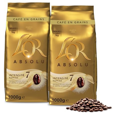 L'OR, 2Kg Café en Grains Absolu, Arabica & Robusta, Intensité 7, 2 Paquets d'1kg