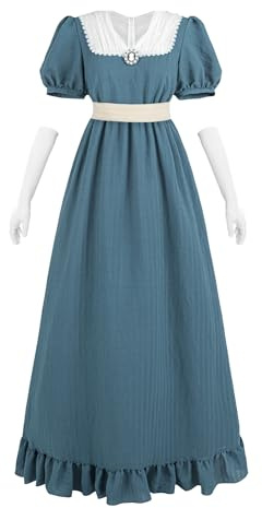 NSPSTT Robe régence pour femmes – Robe régence à manches bouffantes – Taille empire, style victorien, style Renaissance – Abendkleid avec gants, bleu, taille XL