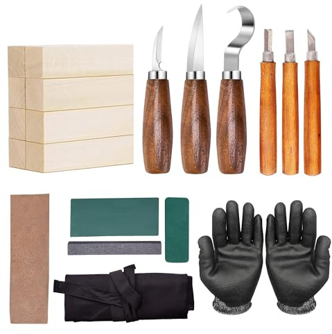 20 PCS Wood Carving Kit – Complete Whittling Tools Set with 8 Basswood Blocks, 3 Carving Tools, 4 Chisels, Cut Resistant Gloves, Leather Strop & Sharpening Stone in Roll‐Up Tool Bag