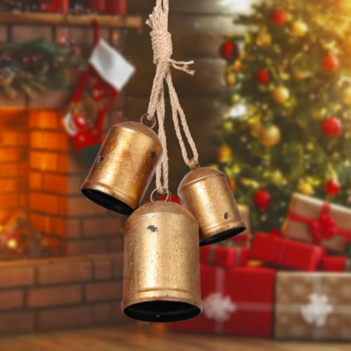 Weihnachtsglocken - 3 verschiedene Größen Vintage Country Gold Kuhglocken Landhausstil Kupferglocken Seil hängender Stil Geeignet für Wände, Türen, Schlafzimmer und Wohnzimmer