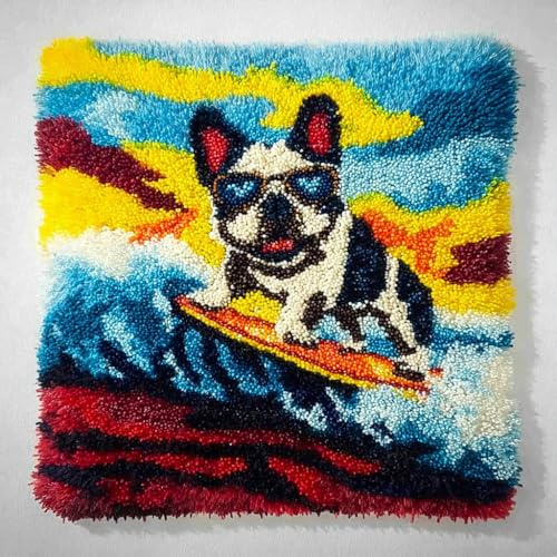 AxiangziK Tier Hund Knüpfkissen Zum Selber Knüpfen,Surfende Bulldogge,Knüpfen Set Handgemachte Geschenke Knüpfteppich Für Kinder Und Erwachsene Knüpfset,17x17in