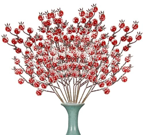 16 Piezas Ramas Artificiales de Bayas Rojas Navideñas, Ramas de Bayas Nevadas Ramas Decorativas de Árbol de Navidad Ramas de Bayas Escarchadas Ramas de Bayas de Acebo para Decoraciones Navideñas