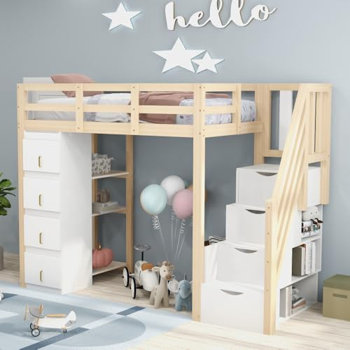 Sairedel Våningssäng 90 x 200 cm våningssäng med förvaringslådor, hylla med flera våningar, multifunktionell säng i massivt trä, träfärg. Gammal SKU: LDB00277AAN