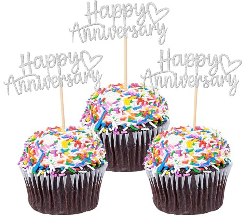 SYKYCTCY 24 Pack Happy Anniversary Cupcake Toppers Glitter Wedding Anniversary Cupcake Picks Baby Shower Birthday Party Cake Decorations Supplies Silver