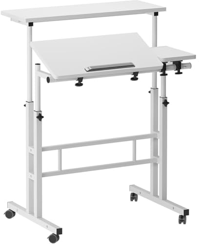 Creperture Mesa de ordenador ajustable en altura de 70 – 115 cm, 80 x 60 cm, escritorio de pie móvil con ruedas, mesa inclinable, para casa, oficina, color blanco