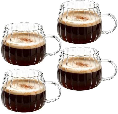 Juego de 4 vasos de 420 ml de cristal estriado de borosilicato, tazas de café de cristal de calabaza, vasos de té, tazas de café, elegantes vasos de calabaza, para té, café helado, jugo de café, apto
