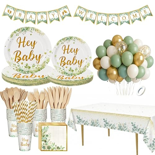 272 Pcs Sage Green Neutral Baby Shower Decorations Plates Set for 30 Guests, Paper Plates ,Cups ,Napkins ,Straws, Tablecloth, Balloons, Tableware for Baby Shower Party Table Decorations