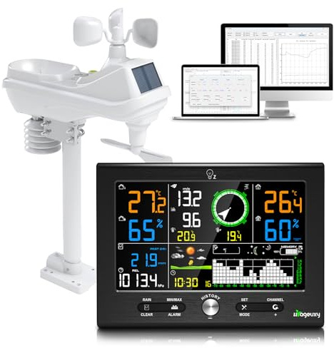 Urageuxy 7-en-1 Station Meteo Intérieur Extérieur San Fil 7,6 Avec DCF, Station Météo Avec Pluie, Vent, Température, Humidité, Prévisions, Pression pour Jardin et Balcon, Logiciel Windows