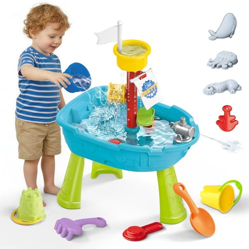deAO Sand and Water Table, Pirate-Themed Multicolour Sensory Play Table with Water Wheel & Funnel, Complete Accessories Set, Creative Play Summer Outdoor Beach Garden Toy Gifts for Kids 3-12 Year