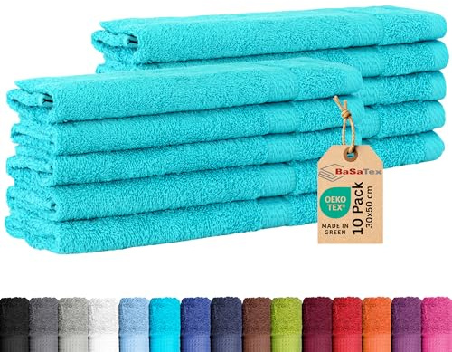 BaSaTex 10er Pack Handtuch Set Gästetuch Handtücher Waschtücher Baumwolle | Frottee-Handtücher mit Aufhängeschlaufe, Waschtücher Gästetuch Öko-Tex Made, Türkis, Frottee, Öko-Tex, Made in Green