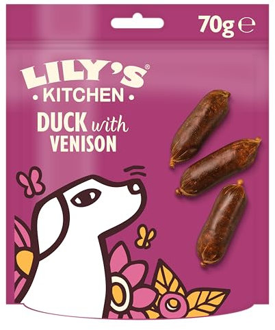 Lily’s Kitchen Made with Natural Ingredients Adult Dog Treats Packet Scrumptious Duck with Venison Sausages Grain-Free Recipes 8 x 70g
