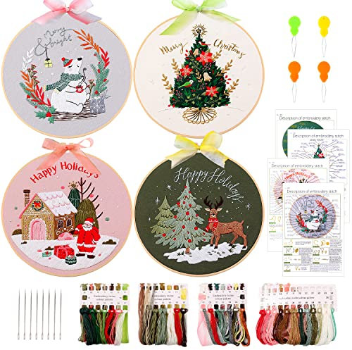 MAMUNU Stickerei Set Weihnachten, 4 Set Komplette Palette von geprägten Sticksets, Kreuzstich Set mit Weihnachtsmuster Anleitung, 4 Stück Stickrahmen und Farbfäden für Erwachsene Anfänger