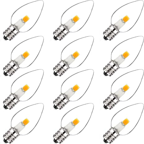 Jslinter 12-Pack C7 LED Night Light Bulb, Candelabra Light Bulbs E12 Base, 0.6 Watt Equivalent 7W Incandescent, 2700K Clear Warm White, Window Candles, Chandeliers, String Light Replacement Bulb