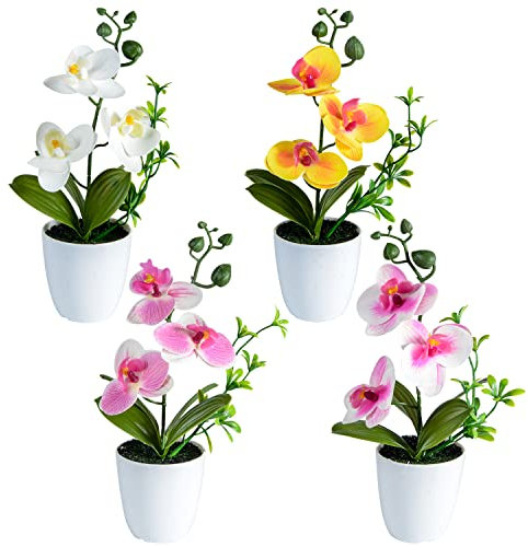 SIFOEL 4 Stücke künstliche Orchideenblumen Mini Topf Orchideenblumen gefälschte Orchideen mit Plastikvase für Home Table Office Dekoration (weiß, gelb, rosa, Hellrosa)
