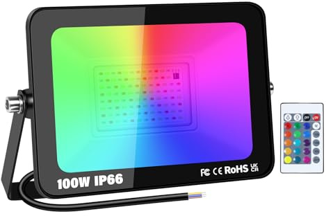 AUXTINGS 100W RGB LED Flood Lights, Colorful Flood Light with Remote Control, Indoor Outdoor IP66 Waterproof Colored LED Floodlight, Dimmable Wall Washer Lighting Party Stage Light,190V-260V