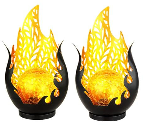 Gartendeko Solarlampen für Außen Outdoor Balkon Deko schwarz gold Flammenoptik Glaskugel, IP44 Akku Metall, 1x LED, LxBxH 16,5x12,5x26,5 cm, 2er Set