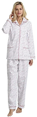 GLOBAL Women's Pyjama Sets 100% Cotton Flannel Ladies PJs Button Front Top Drawstring Bottoms Pink Mini, Mini Flowers L