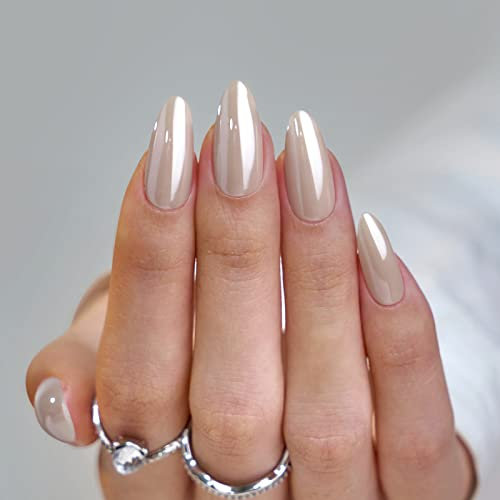 BTArtbox Press On Nails Medium - Almond False Nails With Glue, 30 Pcs Chrome Stick On Nails in 15 Sizes, Reusable Semi-Transparent Glue On Fake Nail for Women, Nuts Glazed