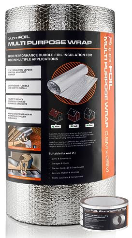 SuperFOIL Foil Insulation Roll and Aluminium Foil Tape Bubdle - 3-in-1 Sustainable Thermal Insulation Reflective Radiant Barrier & Vapour Barrier (Silver, 0.6m x 25m)