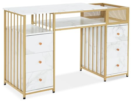 M MCombo Escritorio 6 cajones, Mesa para manicura, Mesa de tocador Moderna sin Espejo, Mesa de Ordenador con estantes para salón, 46 x 125 x 81 cm, 2425