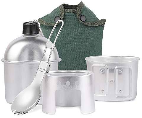 YIWENG 4 Stück Kochgeschirr Set Aluminium Militärkantine Cup Holzofen Set mit faltbarem Spork und Abdecktasche für Camping Wanderrucksack,Rucksackofen