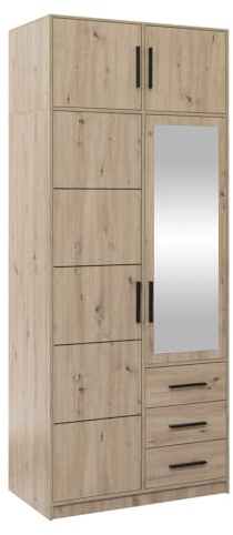 Mirjan24 Drehtürenschrank Kerkon 2D, Kleiderschrank mit 3 Schubladen, Kleiderstange und Spiegel, Elegantes Schlafzimmer Schrank, Jugendzimmer (Artisan Eiche, mit Schrankaufsatz)