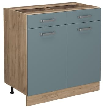 Vicco Küchenunterschrank R-Line, Blau-Grau, 80 cm | 2 Schubladen · Ohne Arbeitsplatte · Höhenverstellbare Füße · 2 Türen · ✓ Leichter Zugriff