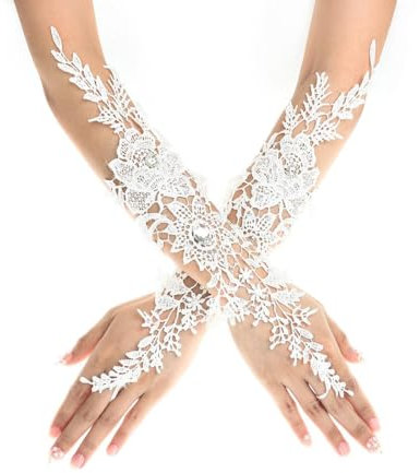 KSJEHW Damen Fingerlose Handschuhe Lange Spitze Handschuhe 1920er Jahre Vintage Opernhandschuhe für Damen Mädchen Hochzeit Abschlussball Teeparty Kleidungs Zubehör(Weiß)