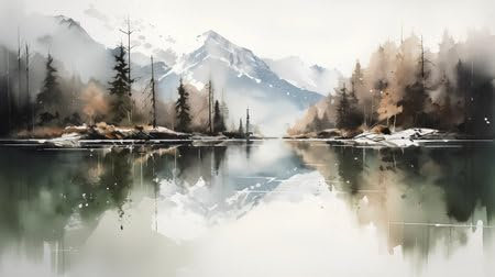 adrium Holz-Bild 50 x 30 cm: Wunderschöne Winterlandschaft mit Bergen, Wald und See. Digitale Zeichnung. (205108755)