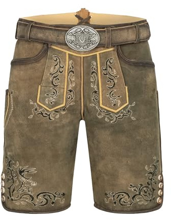 Krüger Herren Trachten Lederhose kurz, Modell: Ismael mit Gürtel, Knielang, braun und grau, Art.-Nr. 961367-0-0705, 46,