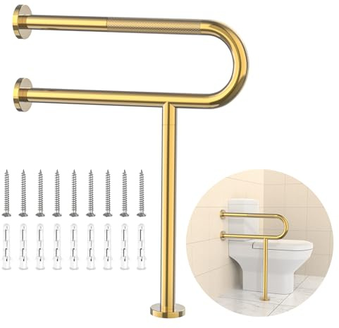 Toilet Grab Bar 23.4 Inch with Leg, YuanDe Wall Mounted Safety Bar, Stainless Steel Anti-Slip Bathroom Support Rail for Elderly, Disabled, Handicap, Seniors, Injury Recovery，Brushed Gold