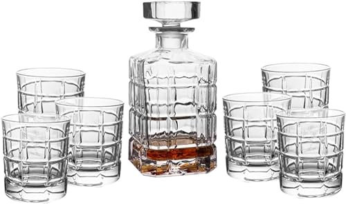 JWJJWHBL Ensemble De Carafe À Whisky Gravé Carré De 750 Ml Avec Arrêts En Verre De 250 Ml, Carafe À Vin En Cristal De Qualité Supérieure Avec 6 Verres À L'ancienne For Cocktail, Whisky, Alcool