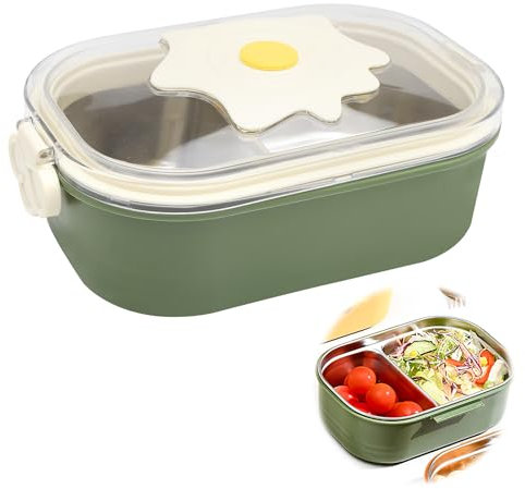 DAWRIS Fiambrera de acero inoxidable para niños con 2 compartimentos, fiambrera Bento Box con diseño de yema de huevo, fiambrera con divisor para comida, fiambrera para niñas, niños, caja de desayuno,