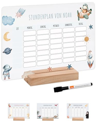 Bärenfreunde® - Personalisierbarer & Abwaschbarer Stundenplan aus Acryl + Stift, Holzhalter - Einschulung Geschenk, Schultüte zum Schulanfang oder Grundschule (Astronaut Weltall,mit Holzhalter)