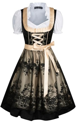 Scarlet Darkness Dirndl 3-delad satinklänning, volangblus, spetsförkläde, midi, dirndl, oktoberfest, Svart och champagne guld spets, XXL