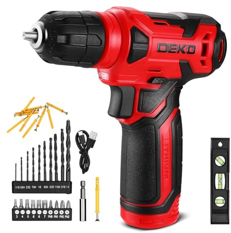 DEKOPRO Taladro Atornillador Inalámbrico 8V, con 10MM Portabrocas, LED Luz, Cable de Carga Tipo C, Accesorios 42 Piezas, Taladro Eléctrico para Perforar y Apretar/Aflojar Tornillos, Rojo
