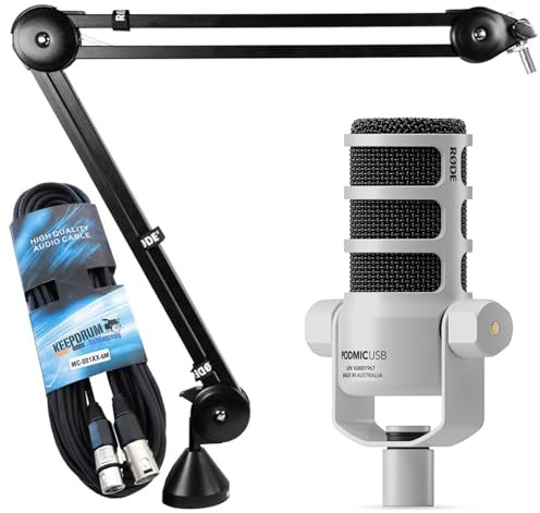 Rode Podmic USB XLR Dynamisches Sprecher-Mikrofon Weiss mit PSA-1 Gelenkarm-Stativ und keepdrum XLR-Kabel