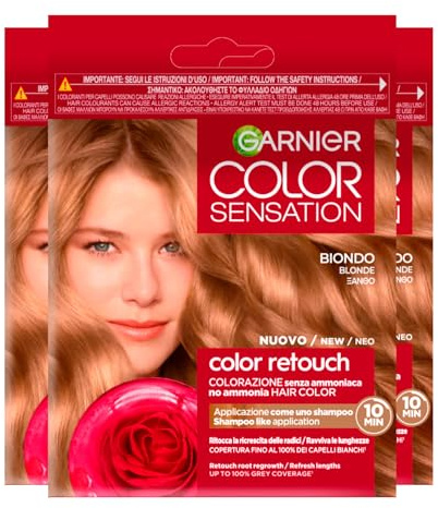 Garnier Color Sensation Color Retouch Permanente Haarfärbung für Nachwuchs, deckt 100 % weißes Haar ab, einfache Anwendung, Farbe Blond – 3 Farben