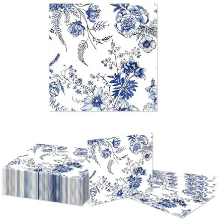 GlamRays 25 tovaglioli con fiori blu e dettagli bianchi per matrimonio, addio al nubilato, compleanno (33 x 33 cm)
