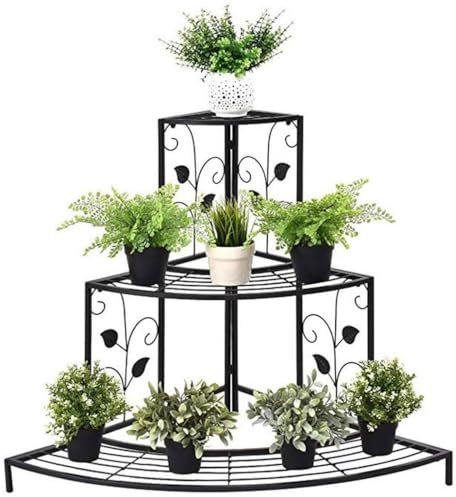 QDZC Soporte de Planta de Esquina de la Escalera Soporte de Flores de Metal con Pantalla de decoración de jardín de 3 Nivel Black