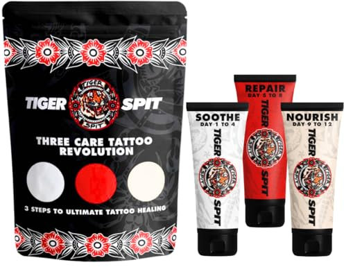 Komplettes Pflegeset für Tattoos: Beruhigende Tattoo-Creme, regenerierende Creme Tattoo und belebende Lotion. Heilung von Tätowierungen in 12 Tagen und in 3 einfachen Schritten.