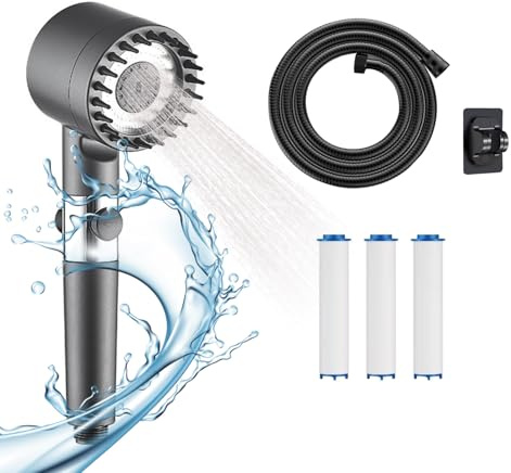 Mozzoom Pommeau de douche haute pression avec filtre et tuyau – 4 modes de pulvérisation, filtre à eau 15 couches, douchette réglable et économe en eau pour adultes, enfants et animaux domestiques